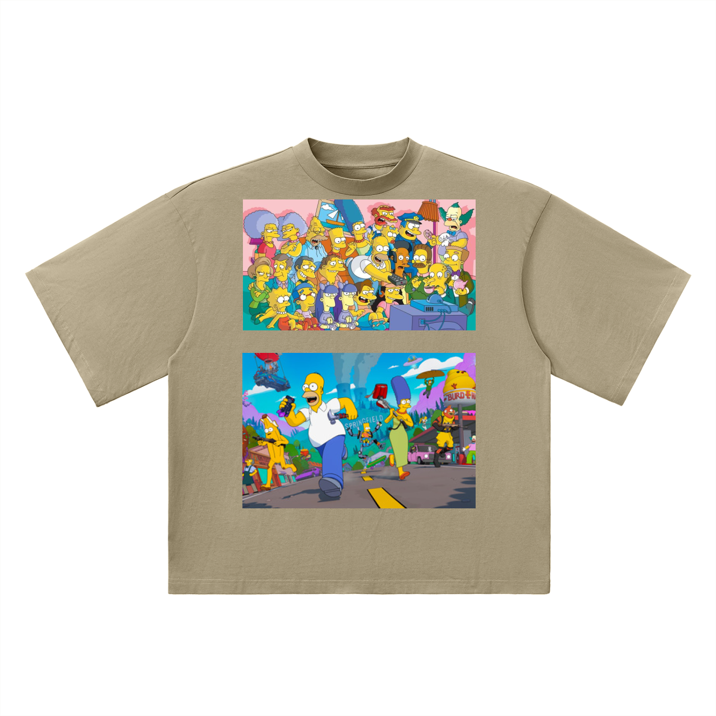 Beige t-shirt with colorful graphics of animated characters on a white background