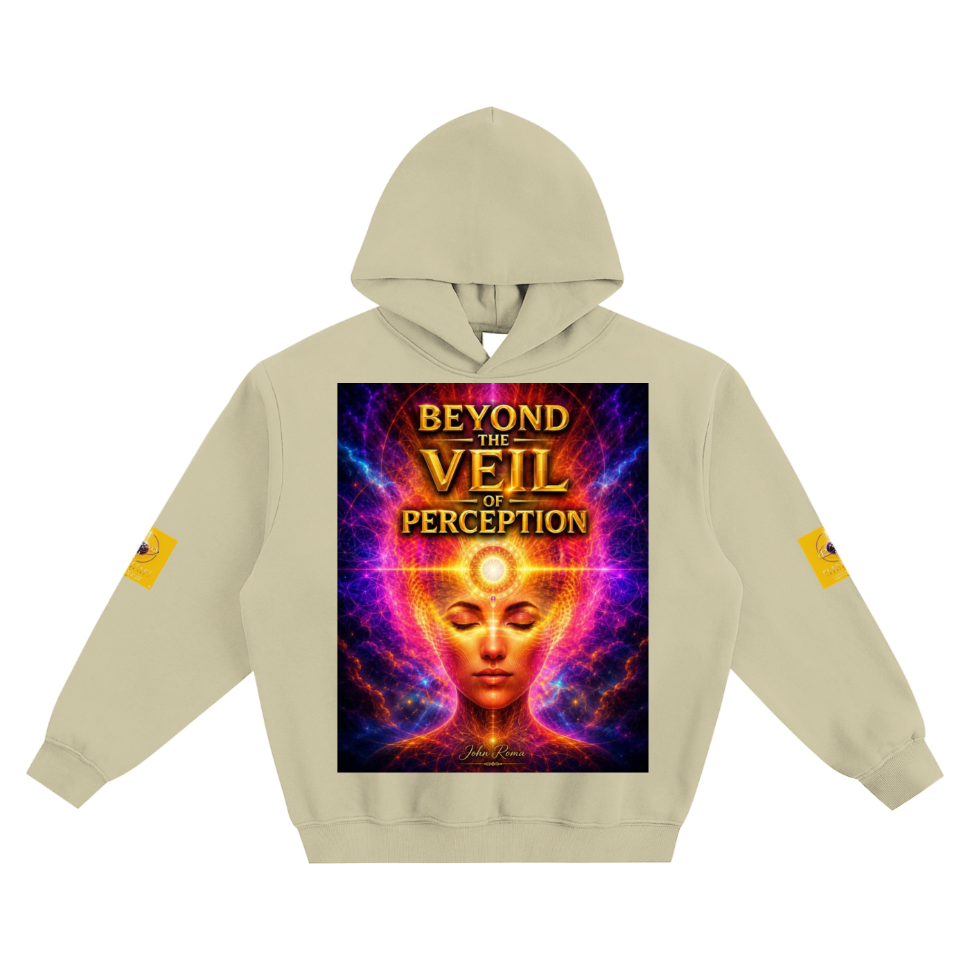 Beige hoodie with 'Beyond the Veil of Perception' graphic design on a white background