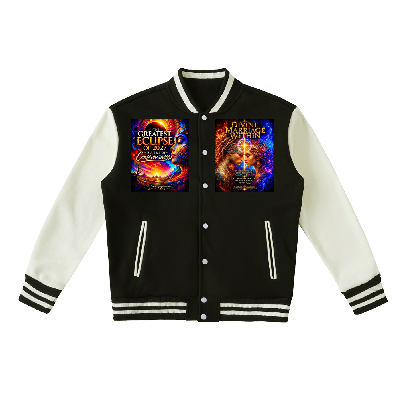 A black and white varsity jacket with two colorful graphic prints on the chest, displayed on a solid white background.