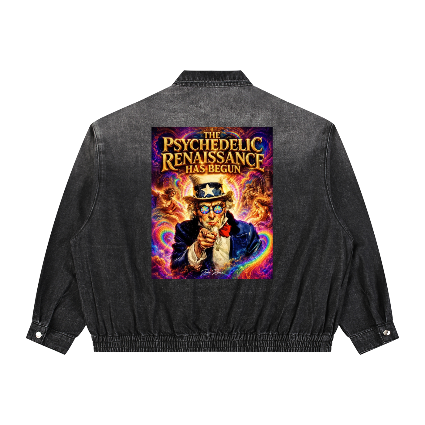 Black denim jacket with a colorful graphic on the back featuring text 'The Psychedelic Renaissance Has Begun'.