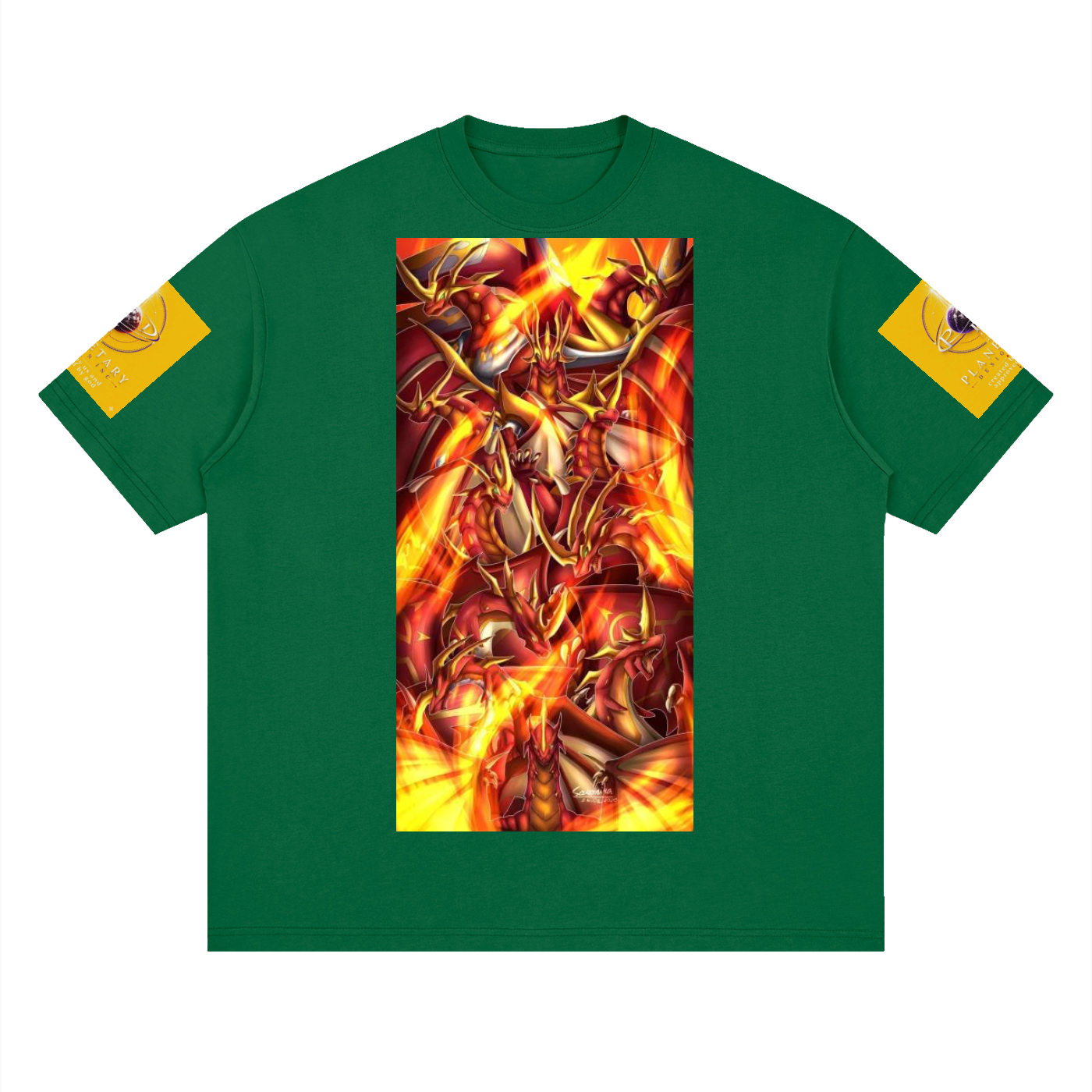 Green t-shirt with a colorful dragon design on a white background
