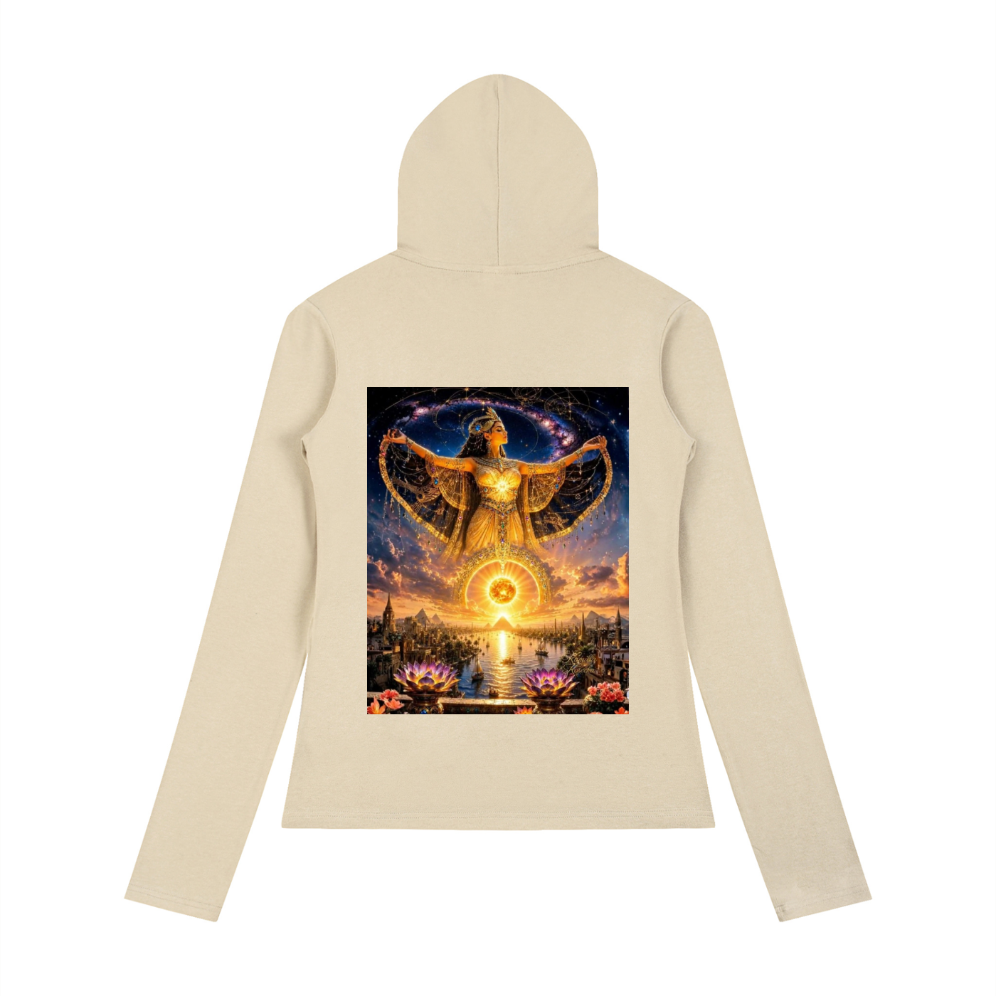A beige long-sleeve hoodie shown from the back, featuring a large rectangular graphic print of a golden angel figure over a colorful landscape with water, flowers, and a glowing sun.