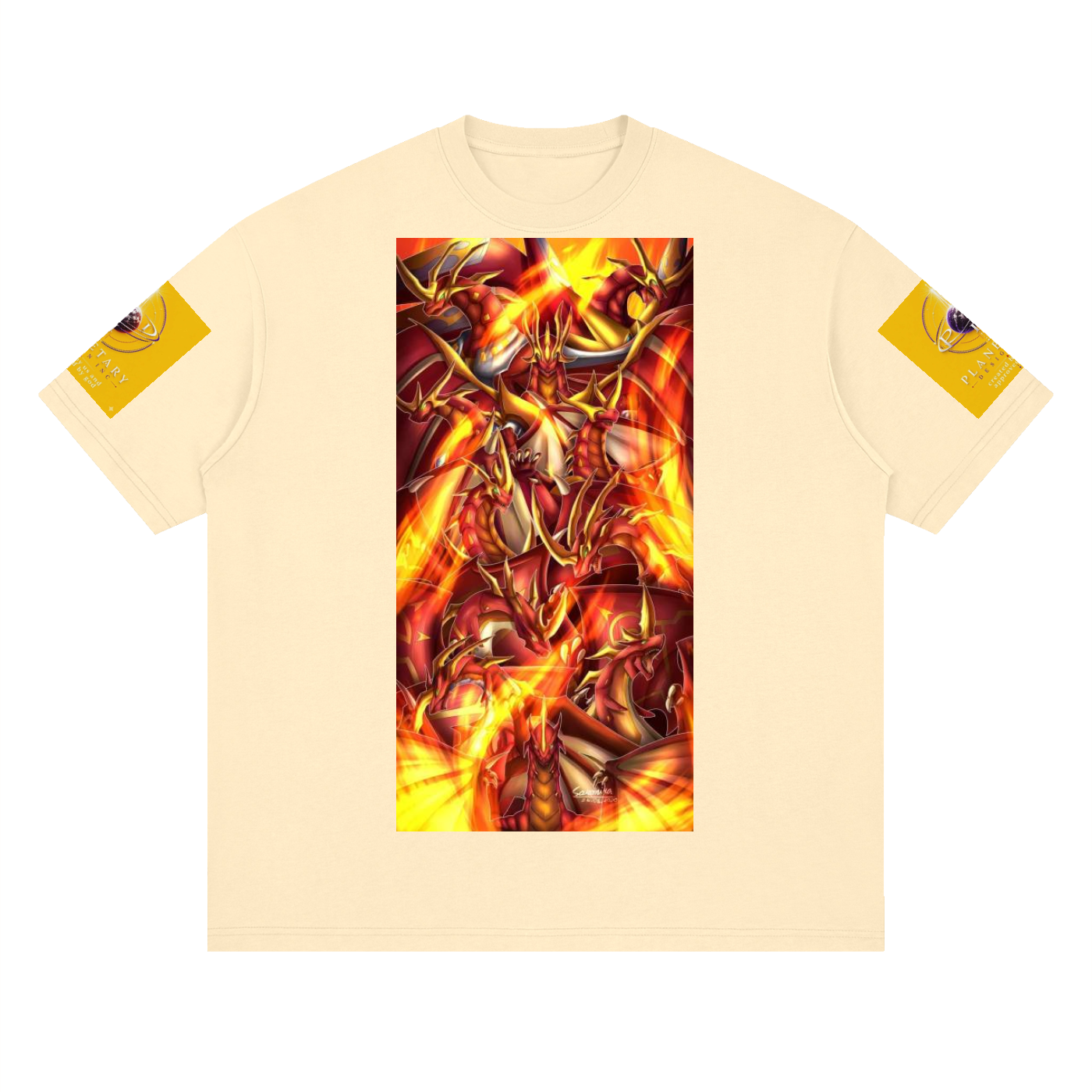 Beige t-shirt with a fiery dragon design on a white background