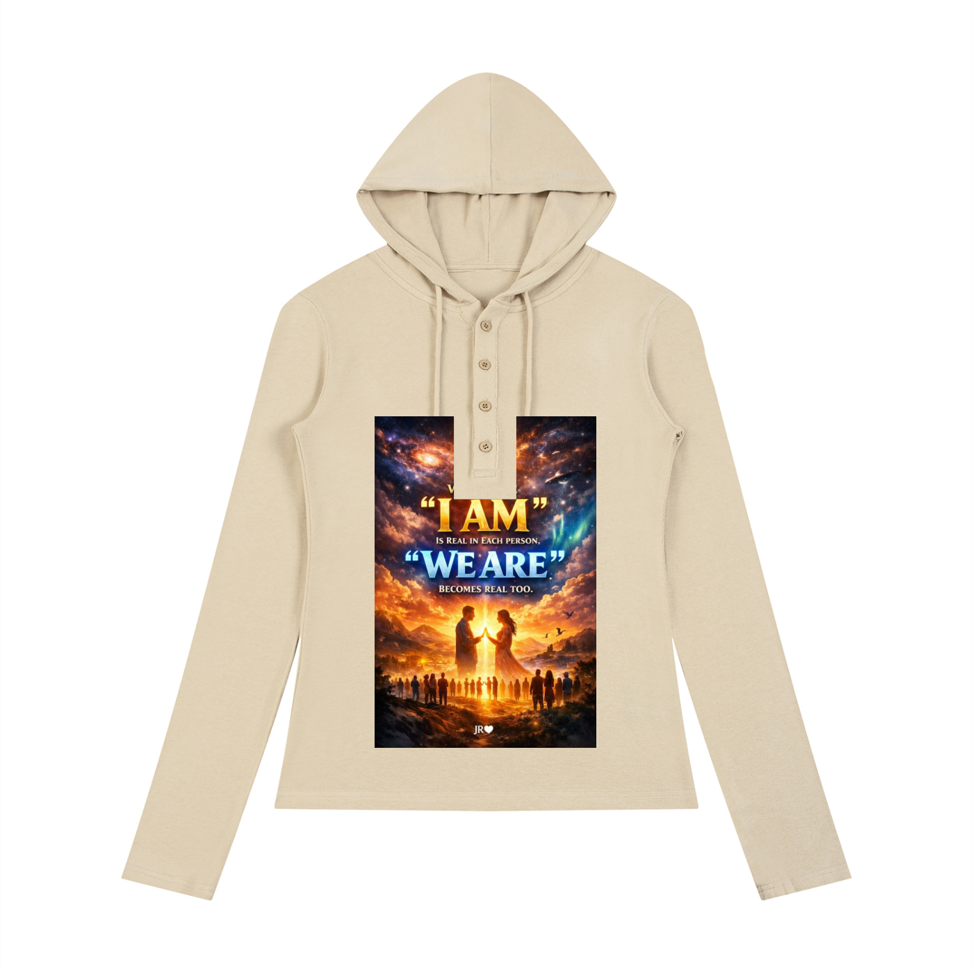 A beige long-sleeve hoodie with a drawstring hood and a three-button henley neckline, featuring a large rectangular graphic print on the front with the text 'I AM' and 'WE ARE' over a dramatic sunset scene.