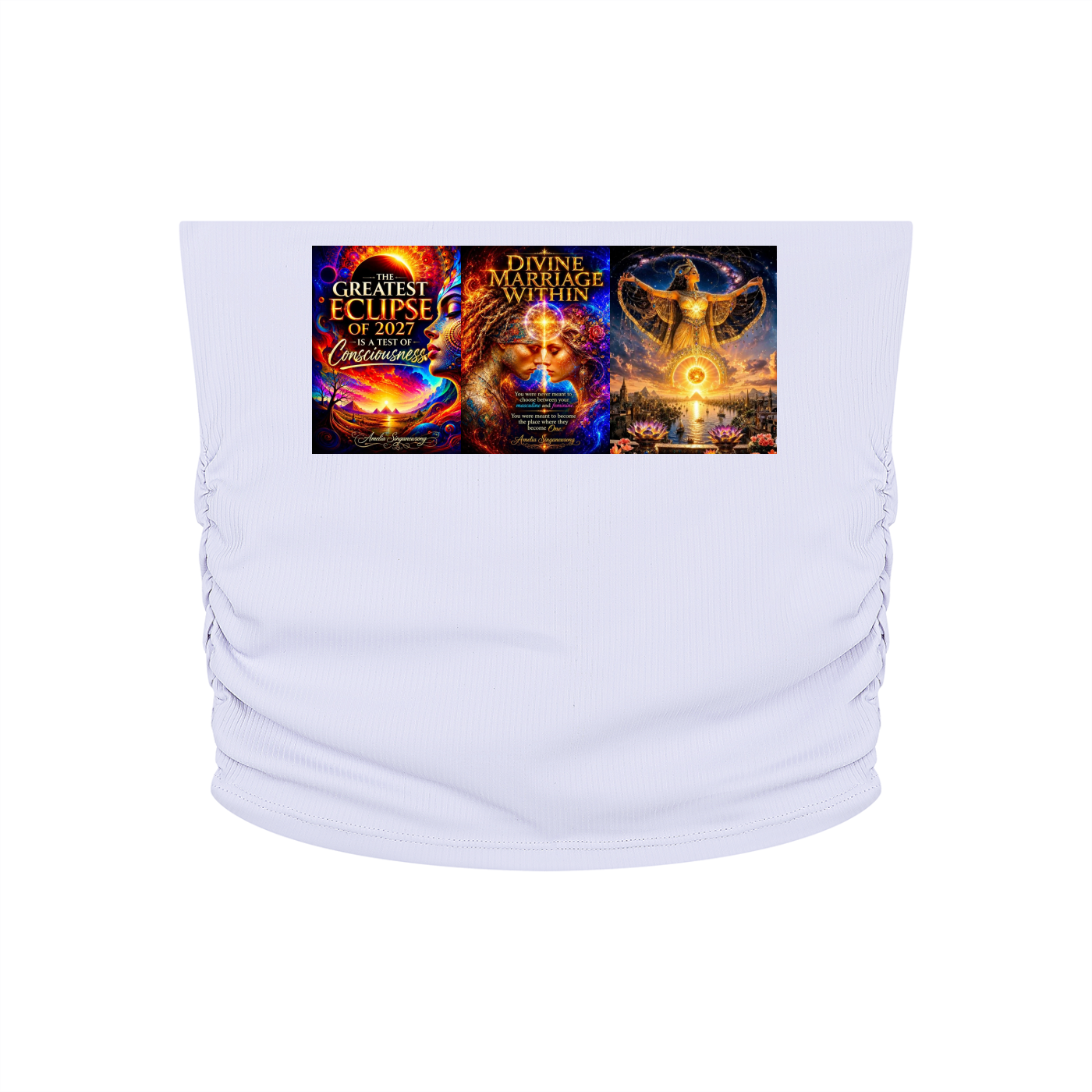 A white strapless tube top with ruched side details, featuring a wide rectangular graphic print on the chest depicting three colorful mystical and cosmic-themed album covers.