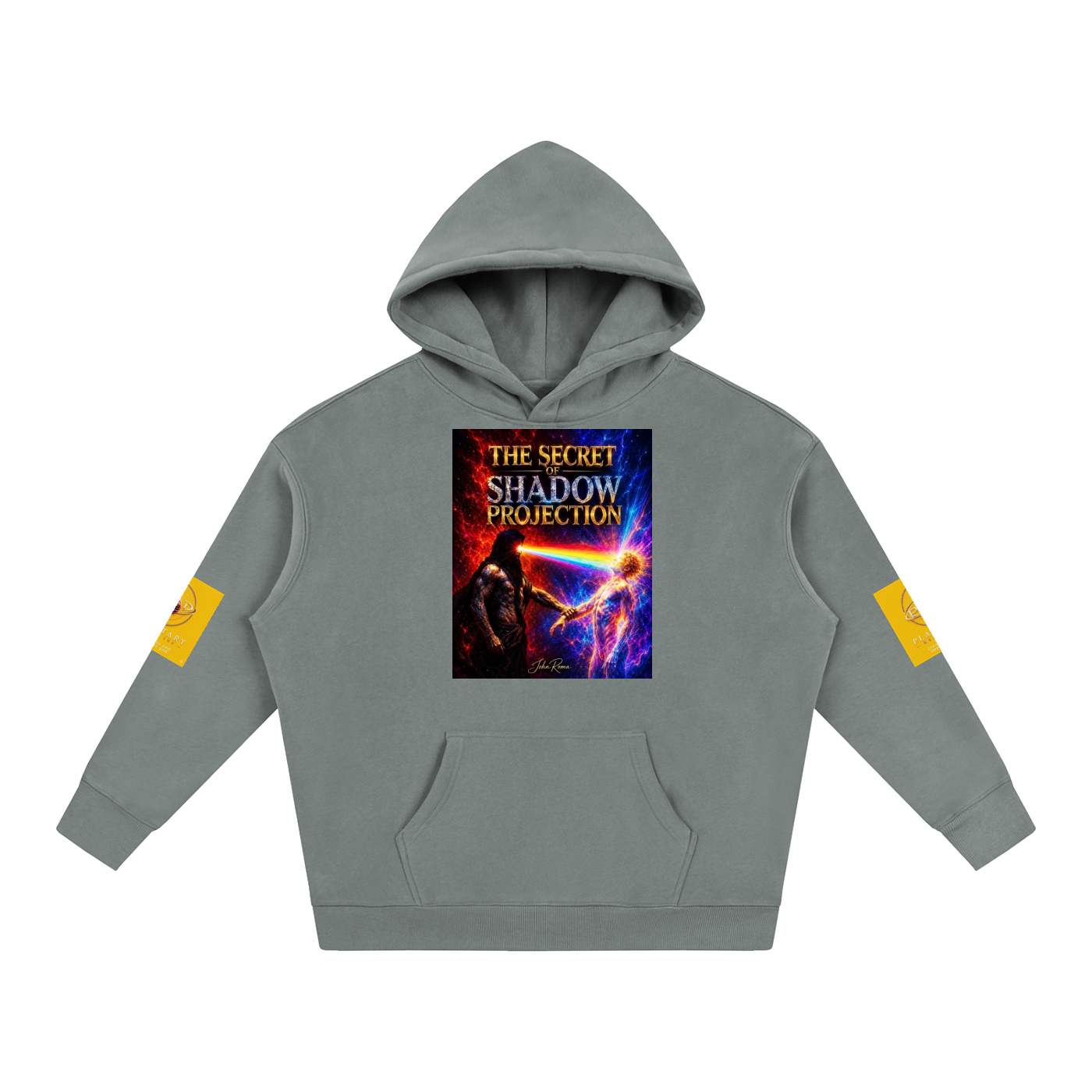 A gray pullover hoodie with a colorful graphic print on the chest reading 'THE SECRET SHADOW PROJECTION' and yellow sleeve patches, shown on a plain white background.