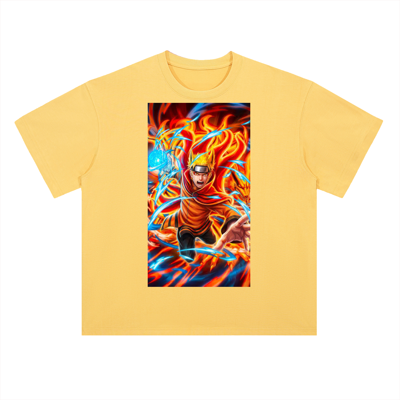 Yellow t-shirt with a colorful graphic of a character on a white background