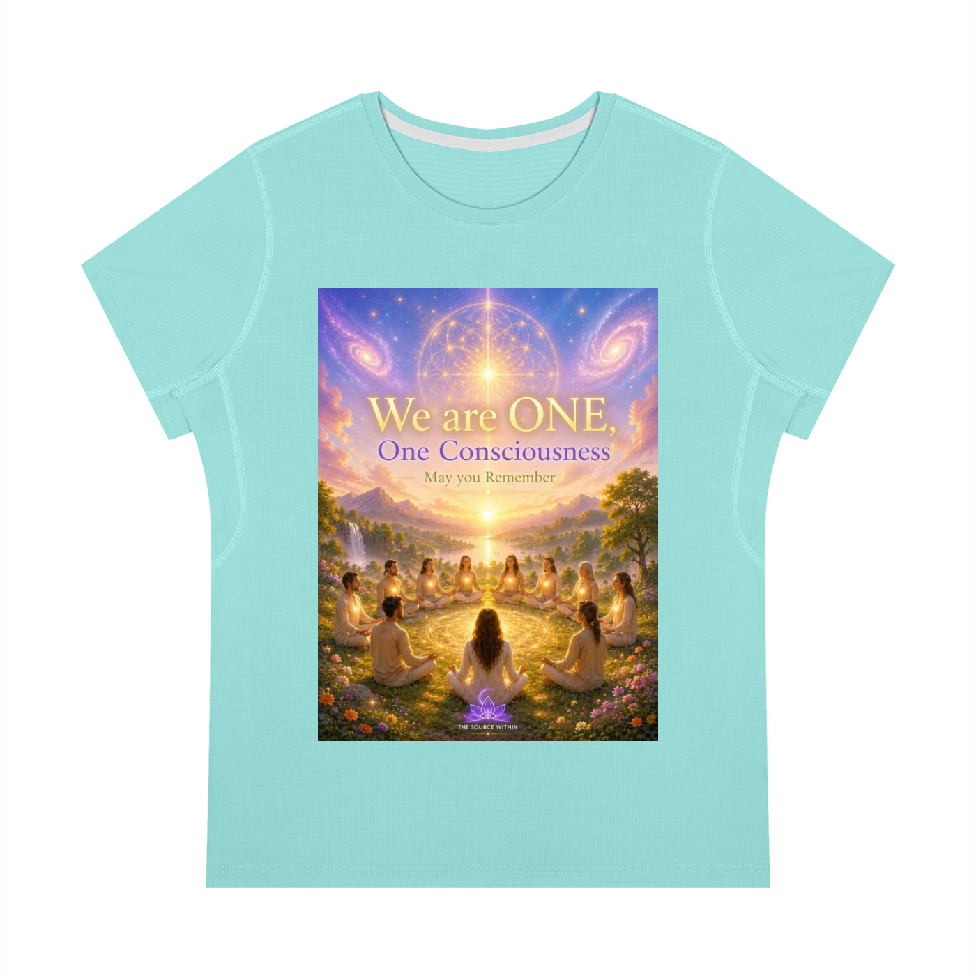 A light aqua short-sleeve t-shirt with a large rectangular graphic print on the front. The graphic features a colorful illustration of meditating figures in a circle under a glowing cosmic sky with the text 'We are ONE, One Consciousness May you Remember'.