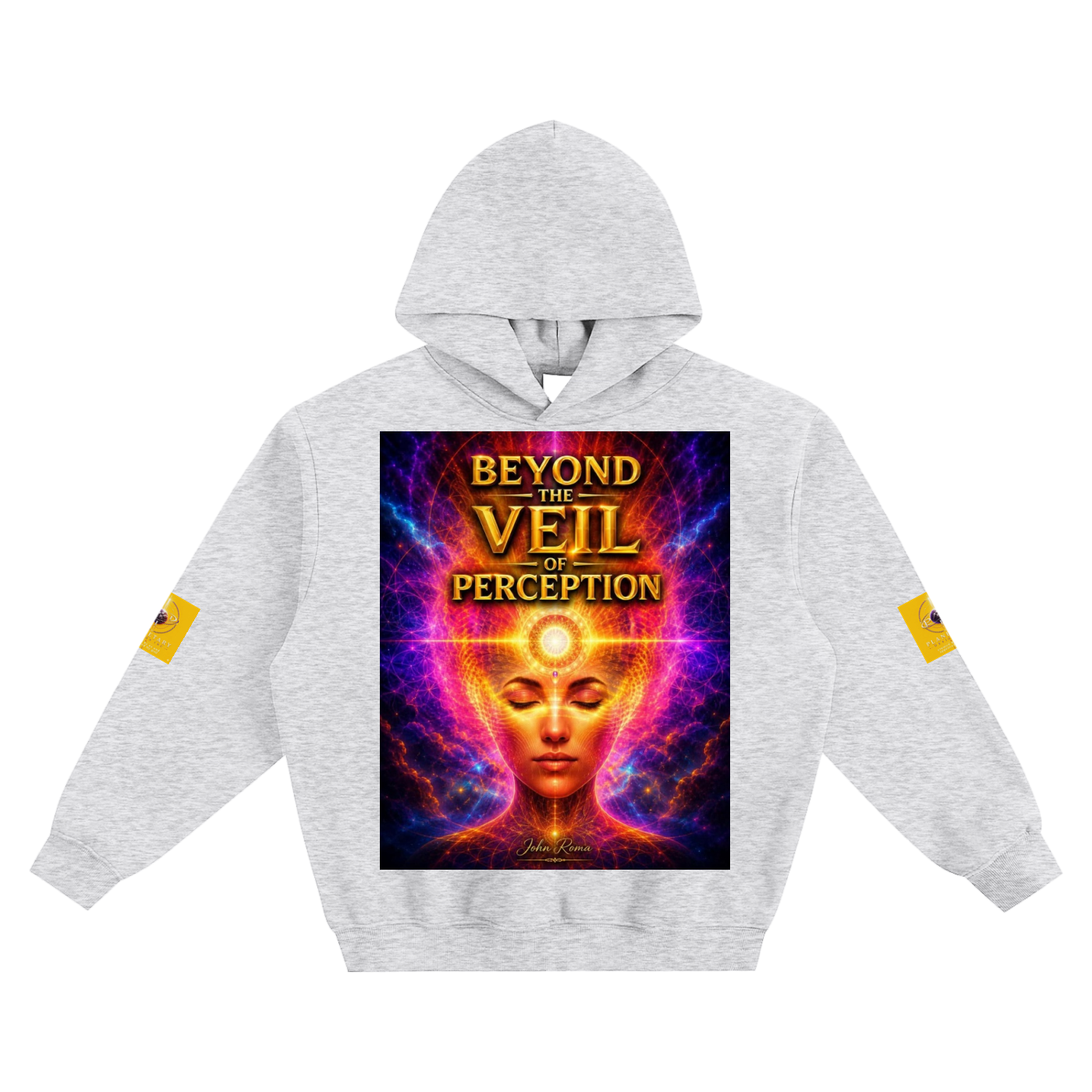 Gray hoodie with 'Beyond the Veil of Perception' design on a white background