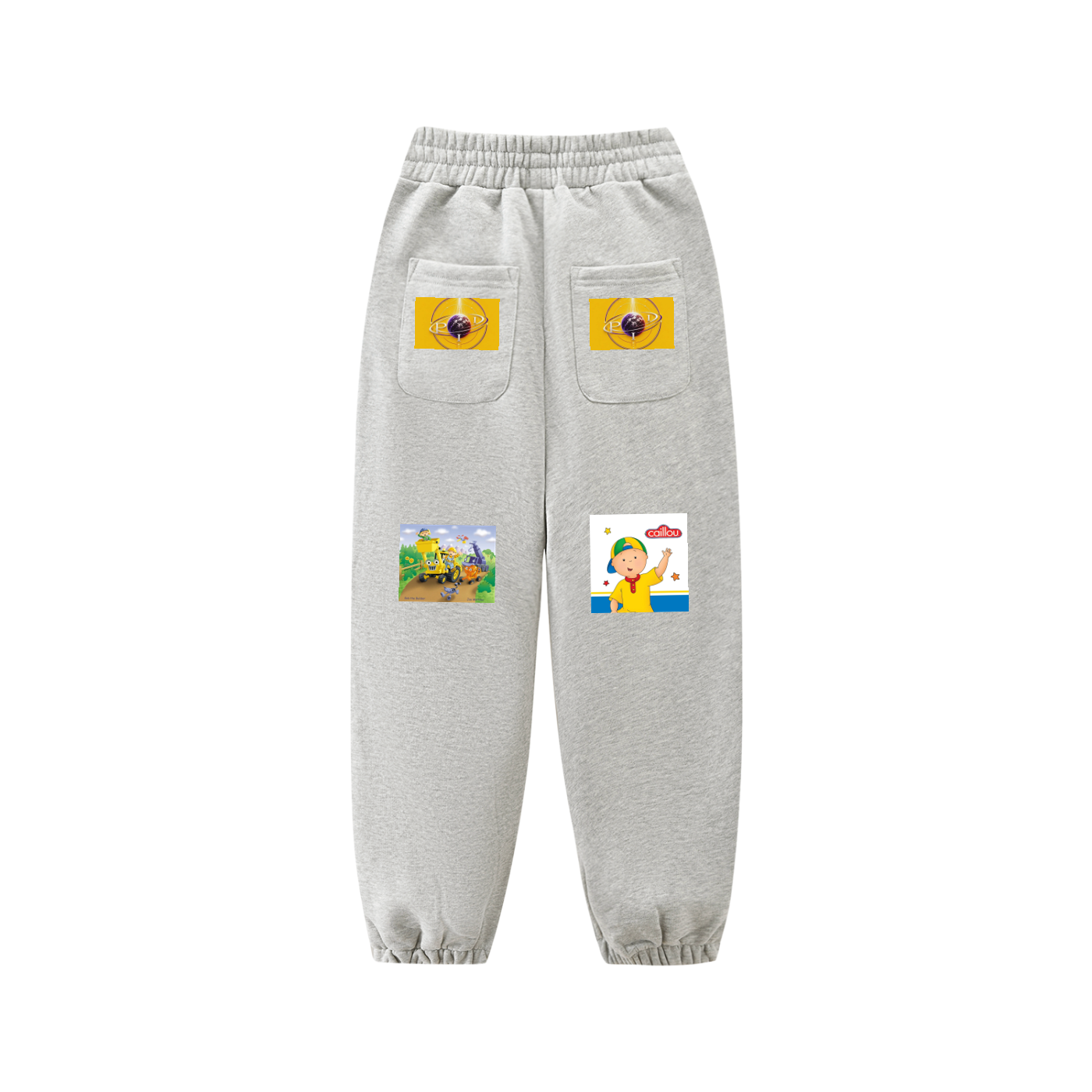 Gray sweatpants with cartoon character patches on a white background