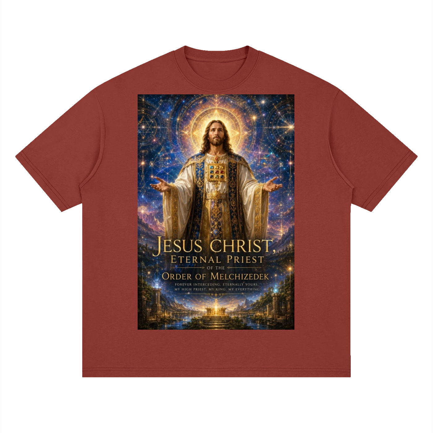 Red t-shirt with an image of Jesus Christ and text on a white background