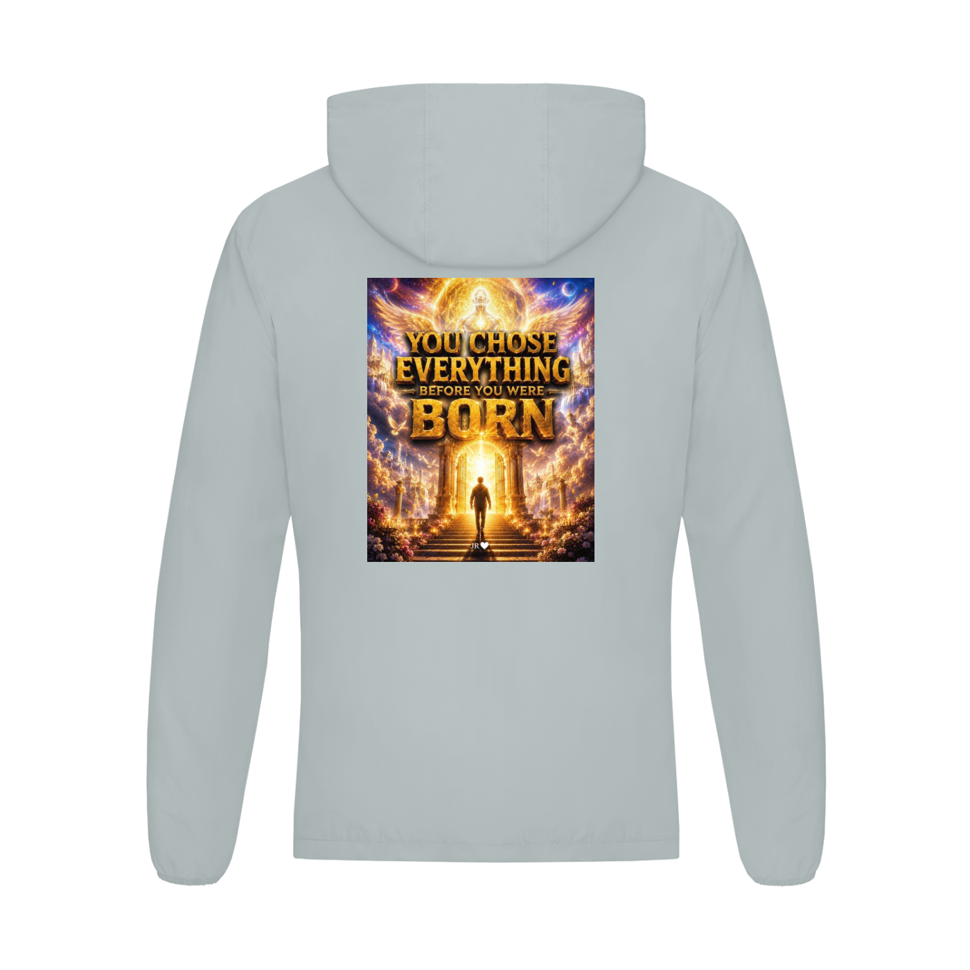 Light gray hoodie with a printed design on the back featuring an angelic figure and text.