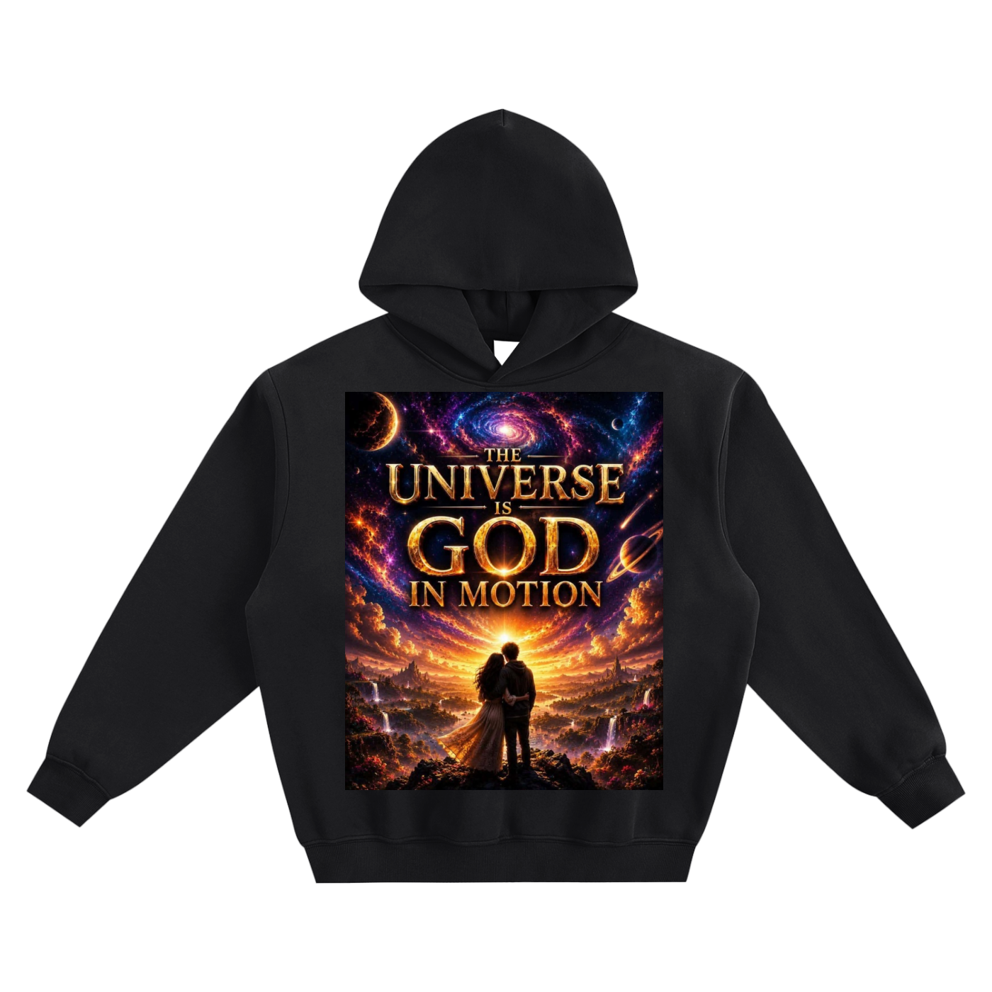 Black hoodie with a graphic design of a couple in front of a cosmic scene and text 'The Universe is God in Motion'.