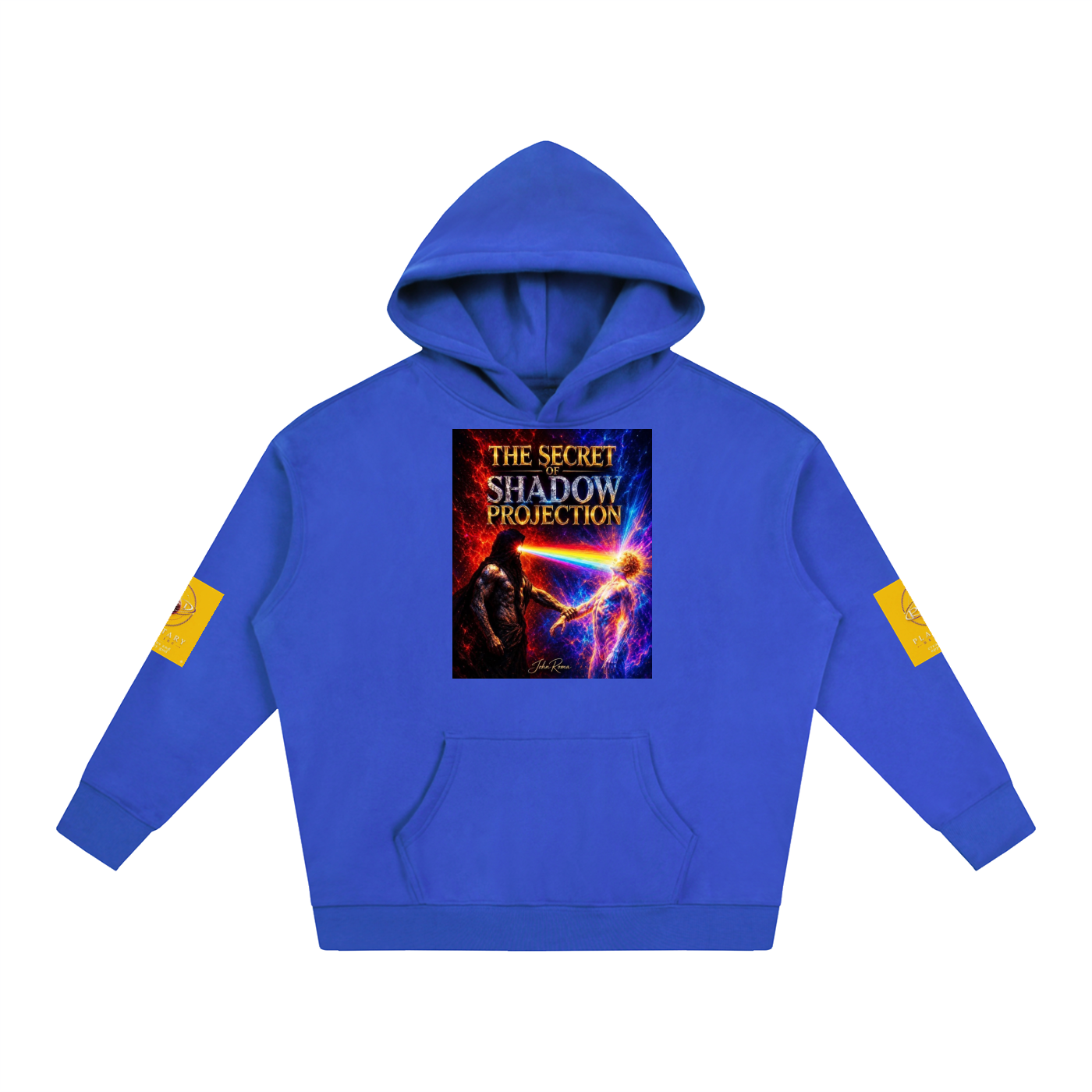 A royal blue pullover hoodie with a graphic print on the chest reading 'THE SECRET SHADOW PROJECTION' and yellow rectangular patches on both sleeves, shown on a plain white background.