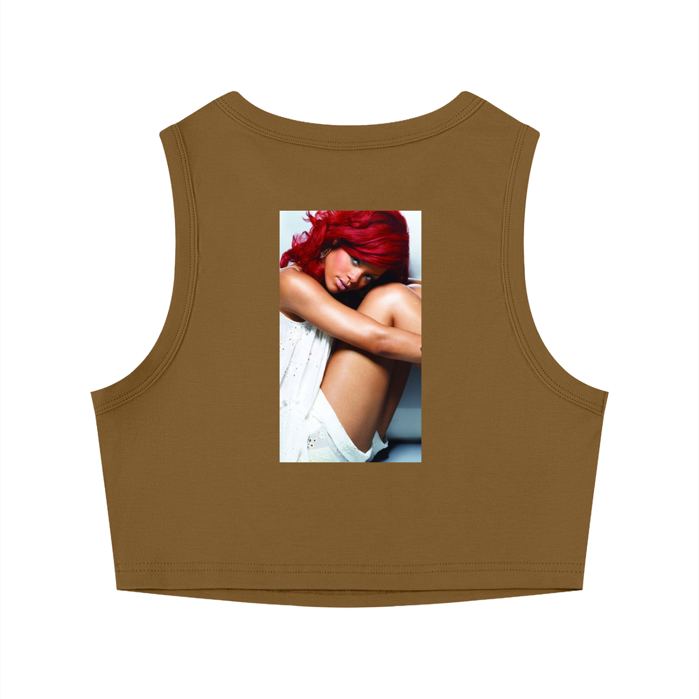 Brown tank top with a printed image of a woman on the back against a white background