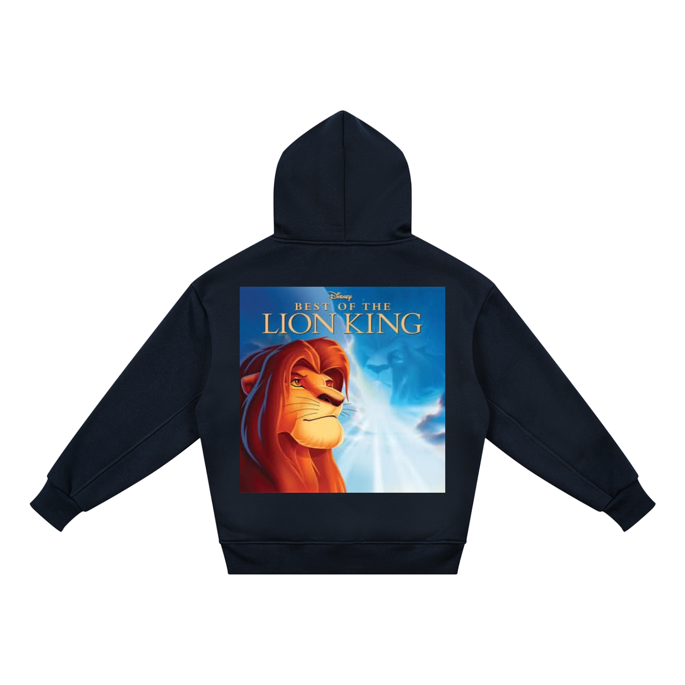 Black hoodie with 'The Lion King' movie poster design on the back against a white background