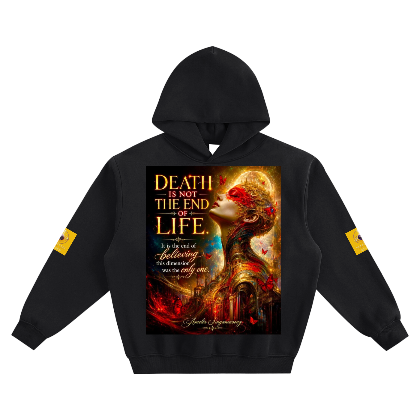 A black pullover hoodie with a large graphic print on the front showing a stylized portrait and the text 'DEATH IS NOT THE END OF LIFE.' with a quote underneath.