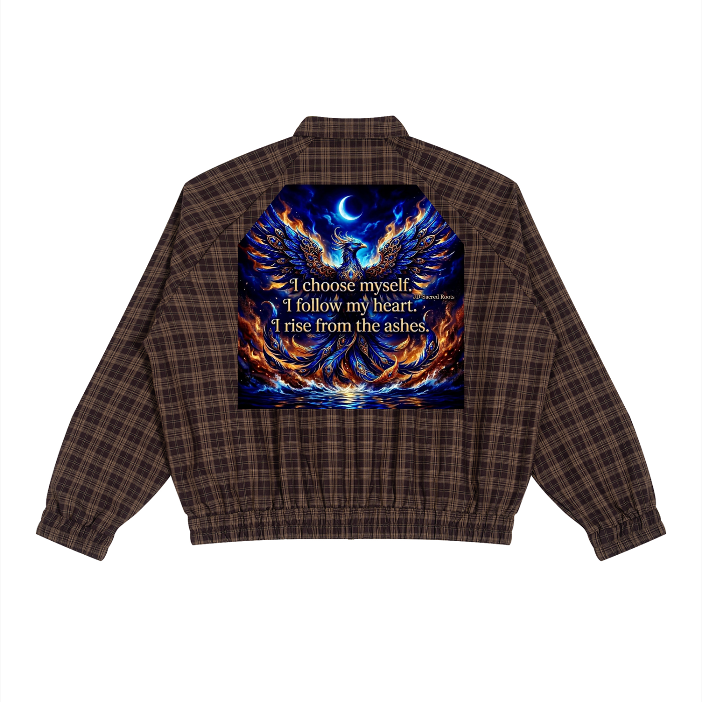 A brown and black plaid bomber jacket shown from the back, featuring a large graphic print of a glowing blue phoenix with flames and the quote 'I choose myself. I follow my heart.