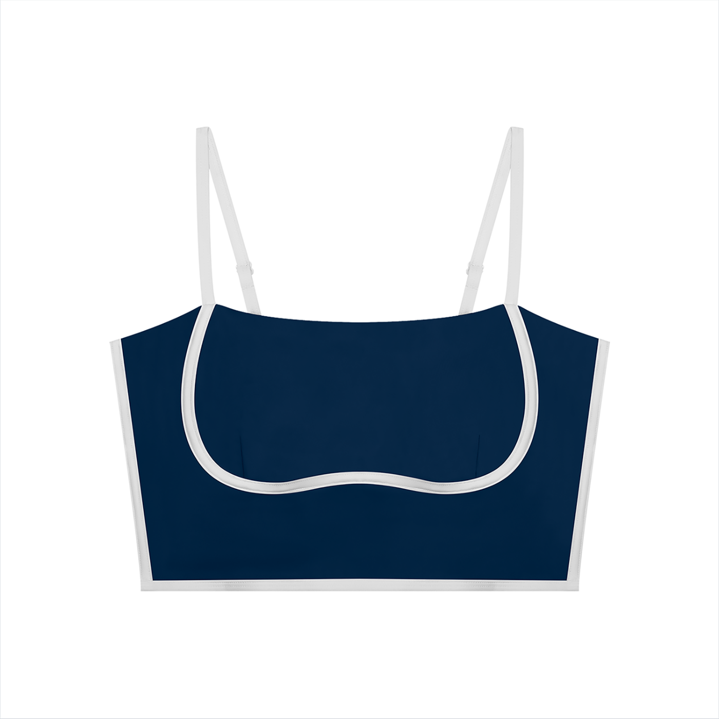 Navy blue crop top with thin white straps on a white background