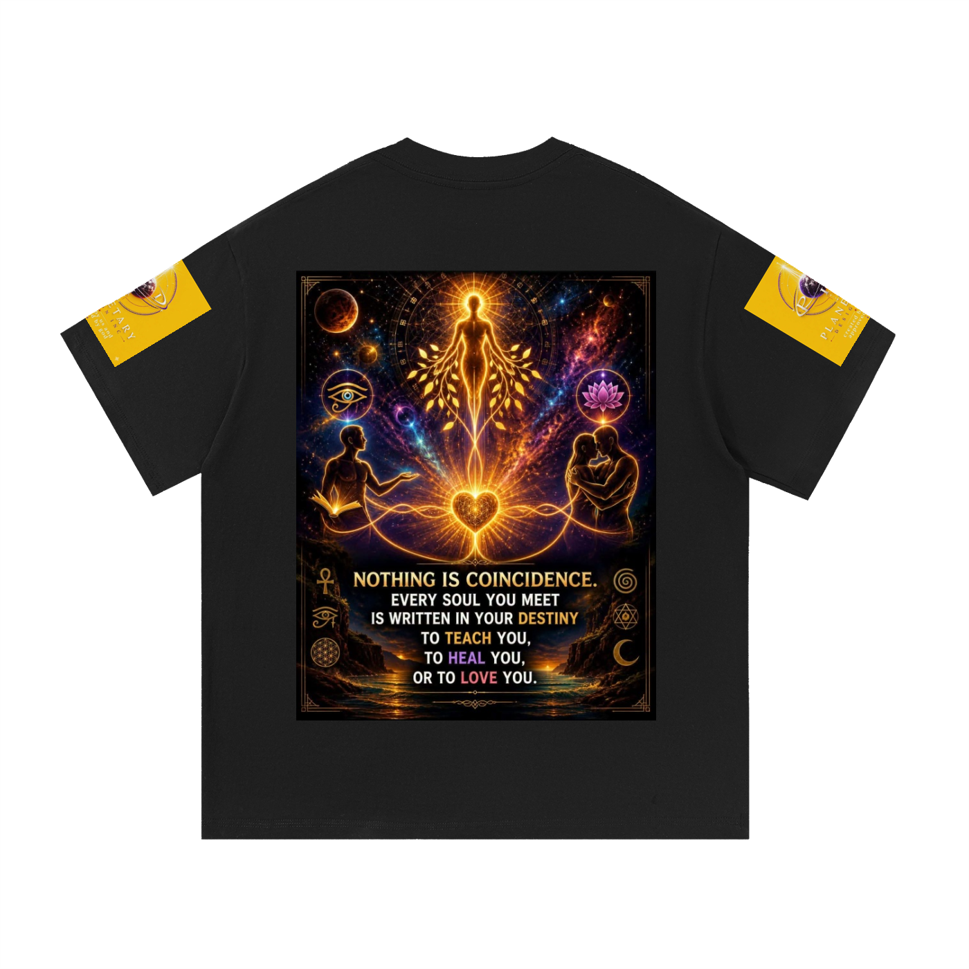 A black short-sleeve t-shirt with a large, colorful spiritual graphic on the front. The graphic features glowing chakra symbols, a central luminous figure, and text that reads, 'NOTHING IS COINCIDENCE.
