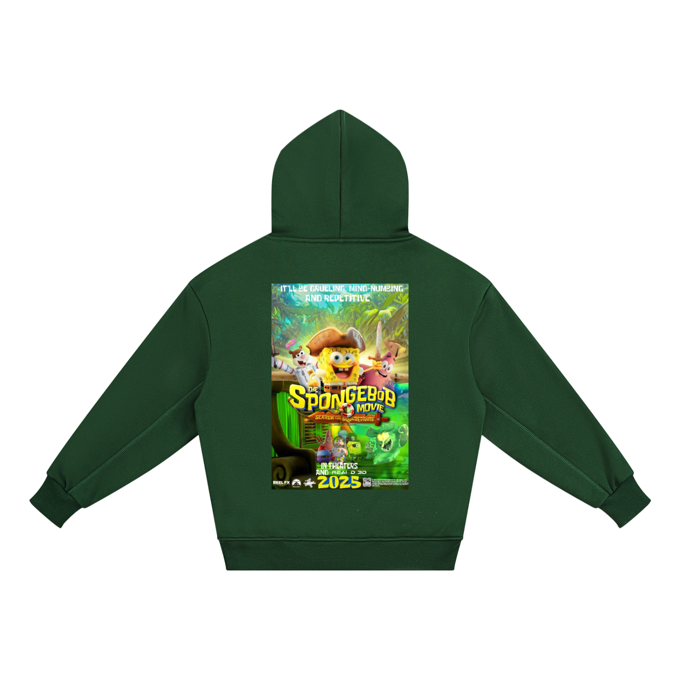 Green hoodie with SpongeBob movie poster design on the back