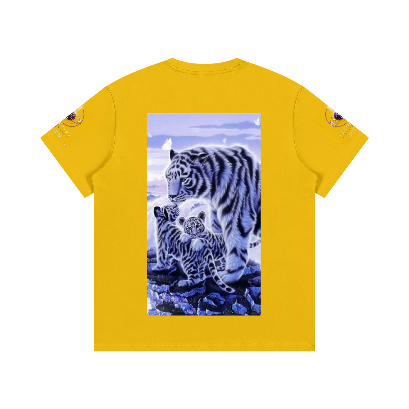 Yellow t-shirt with a graphic of two tigers on a white background