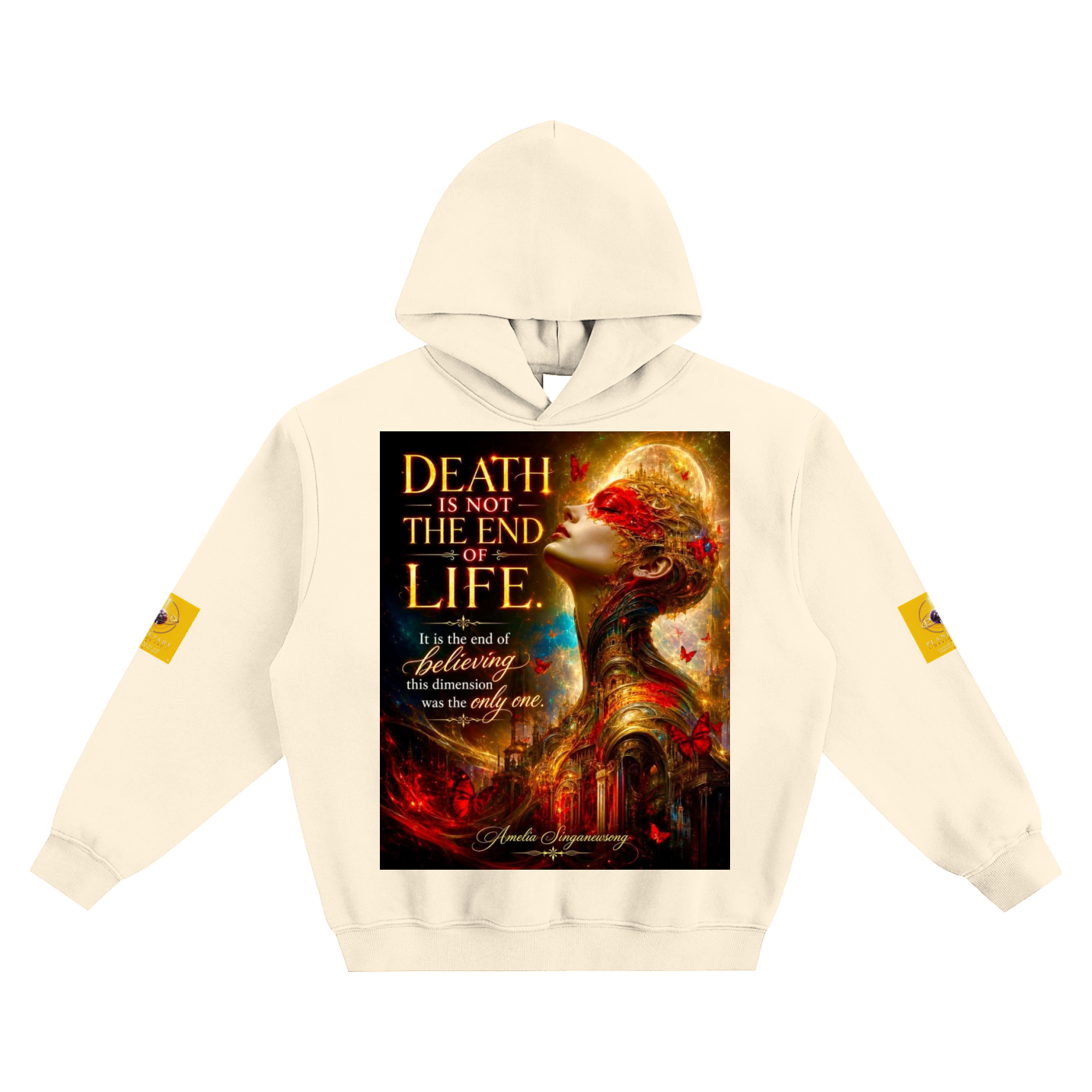 An off-white hooded sweatshirt with a large graphic print on the front depicting a woman's profile with the text 'DEATH IS NOT THE END OF LIFE.' and a quote.