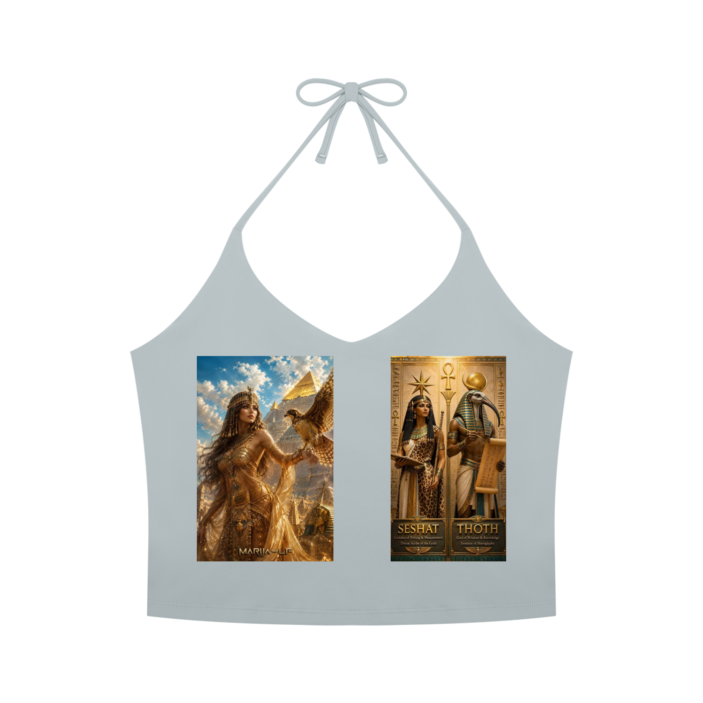 A light blue halter crop top with a tie-neck, featuring two vertical graphic prints on the front. The left print shows a woman with an eagle and the text 'MARJORIE', and the right print shows a split 'SISHPAT' and 'TROTH' design with ancient Egyptian motifs.