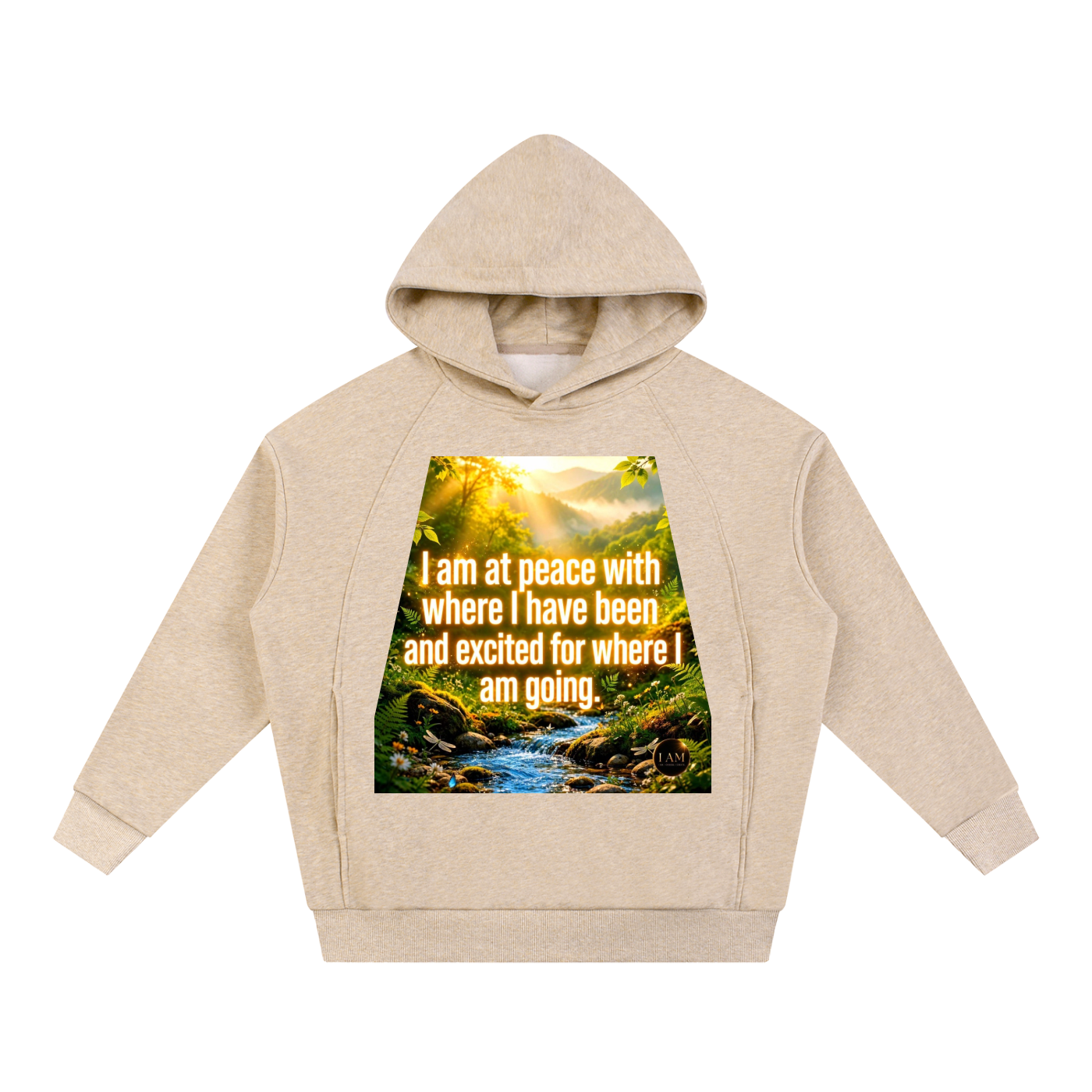 A kids' beige pullover hoodie with a front graphic showing a scenic forest stream and the text 'I am at peace with where I have been and excited for where I am going.'.