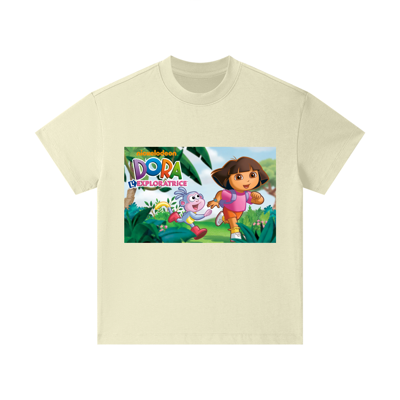 Beige t-shirt with Dora the Explorer graphic on a white background