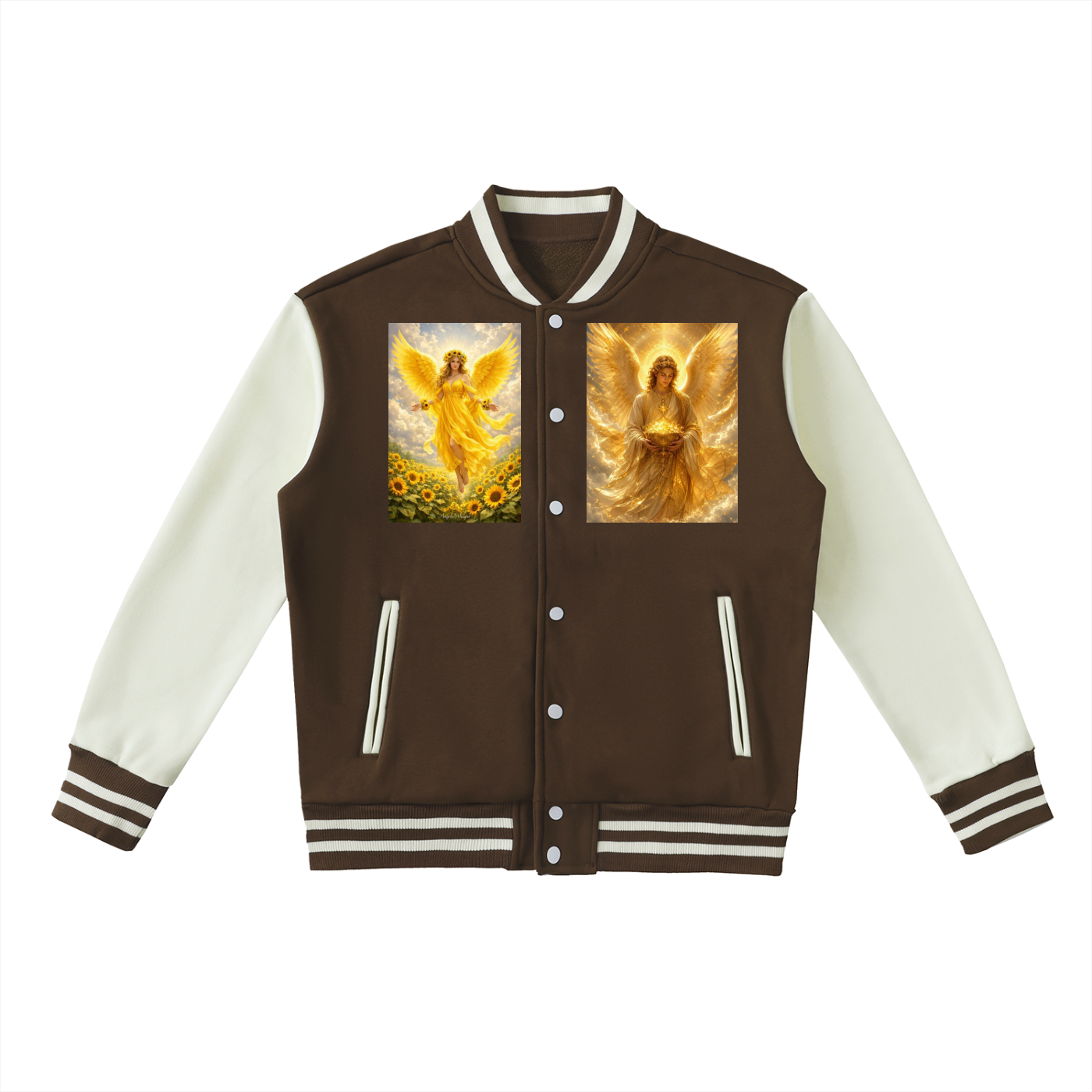 A brown and cream varsity jacket featuring two square graphic prints of golden-winged angels on the chest, displayed against a solid white background.