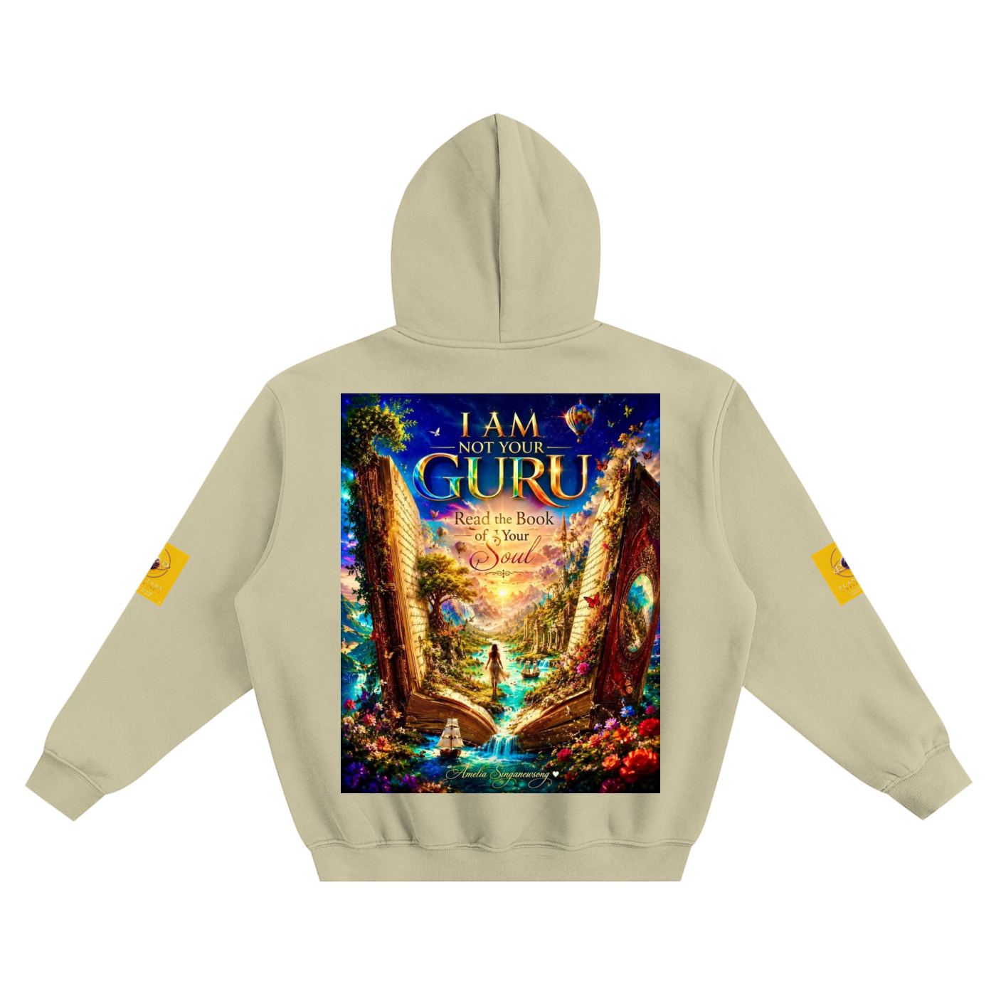 Beige hoodie with a colorful graphic on the back featuring text and artistic design.