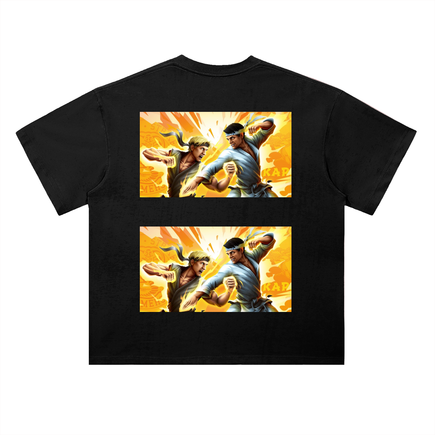 Black t-shirt with graphic of two characters in a fighting pose on a white background