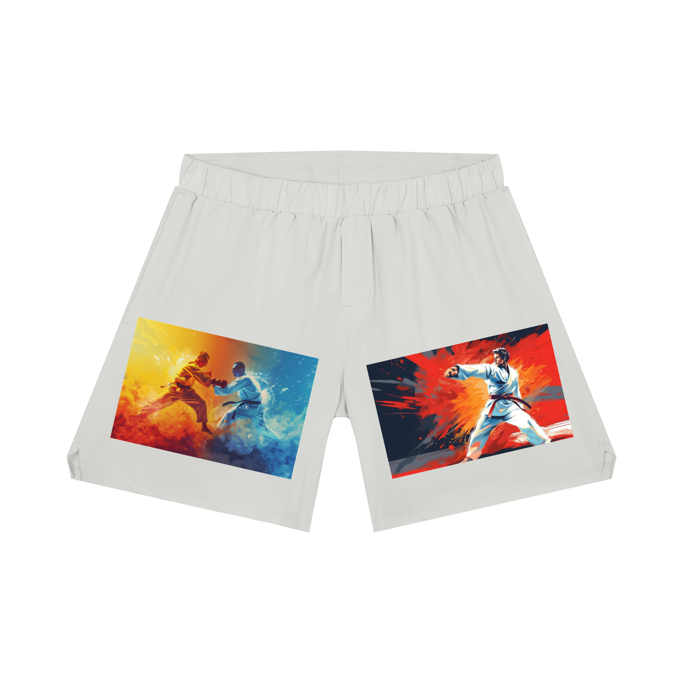 White shorts with graphic designs of martial artists on a white background