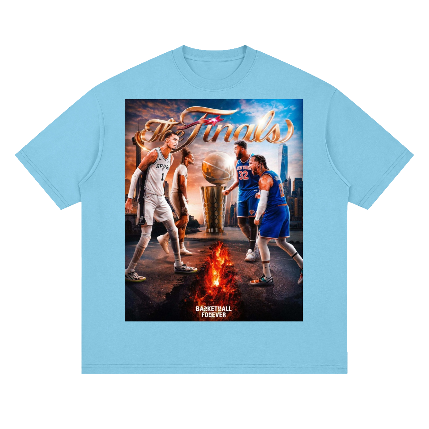 Light blue t-shirt with a graphic of basketball players and 'The Finals' text on a white background