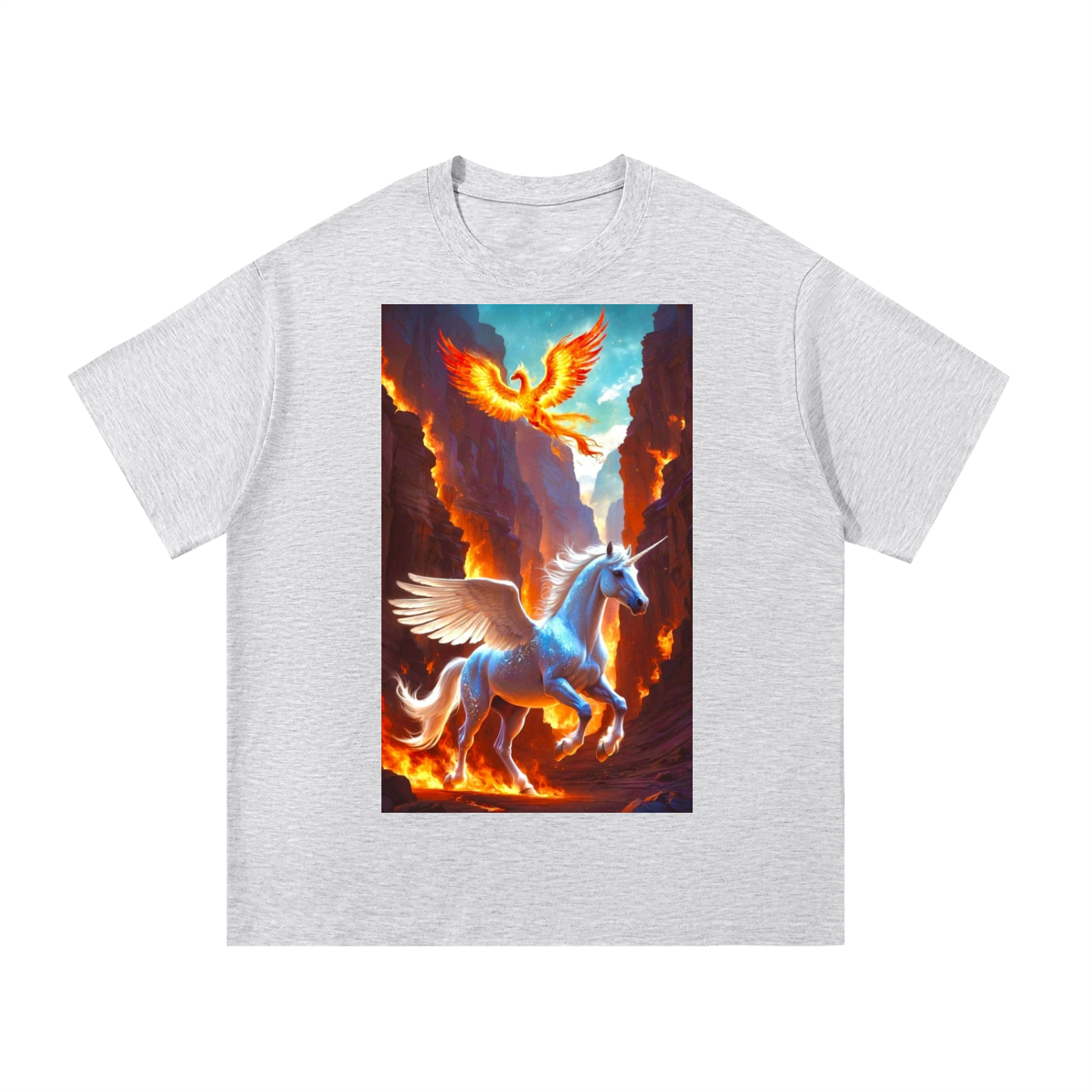 Gray t-shirt with a graphic of a winged horse and phoenix on a white background