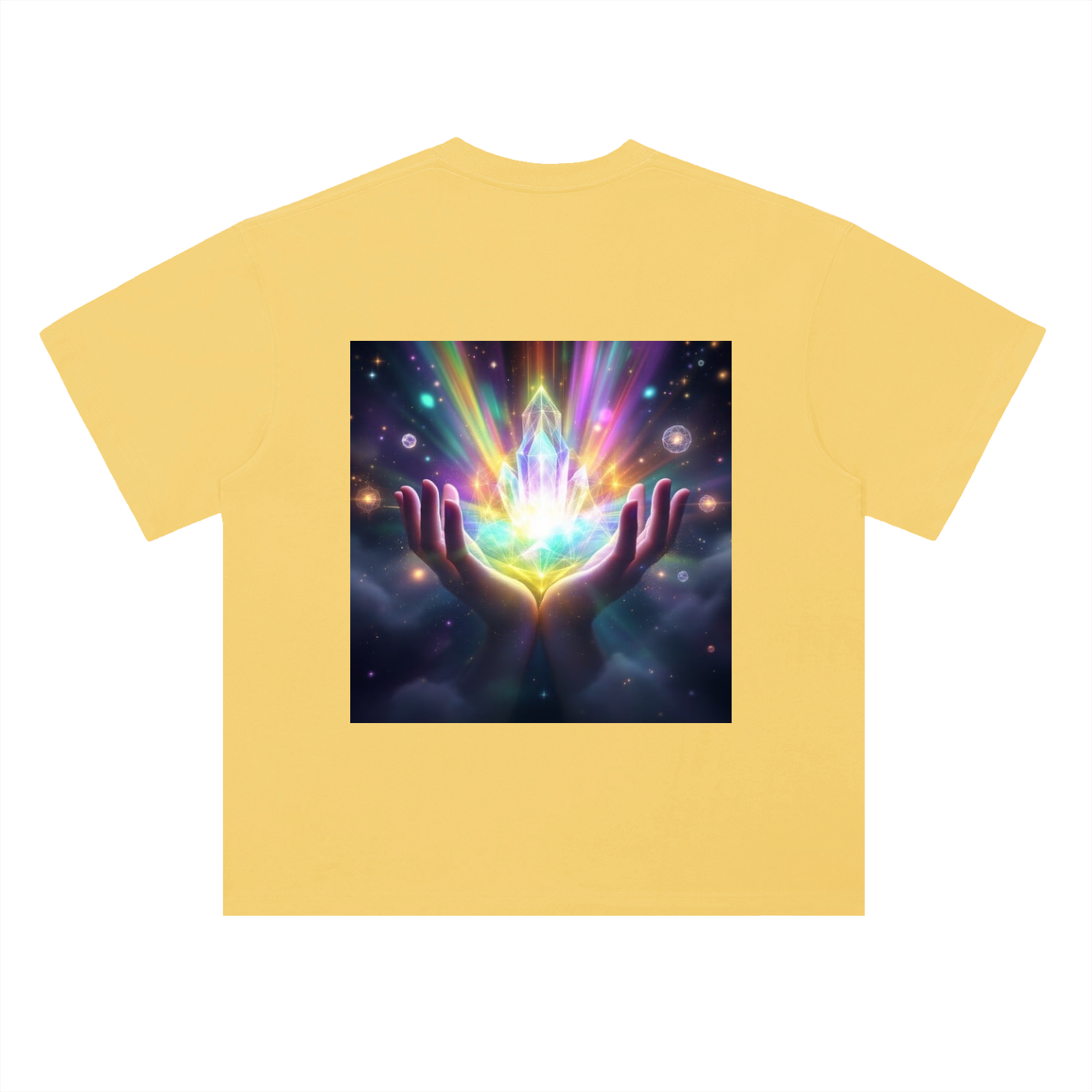Yellow t-shirt with a colorful design of hands holding a crystal ball on a white background