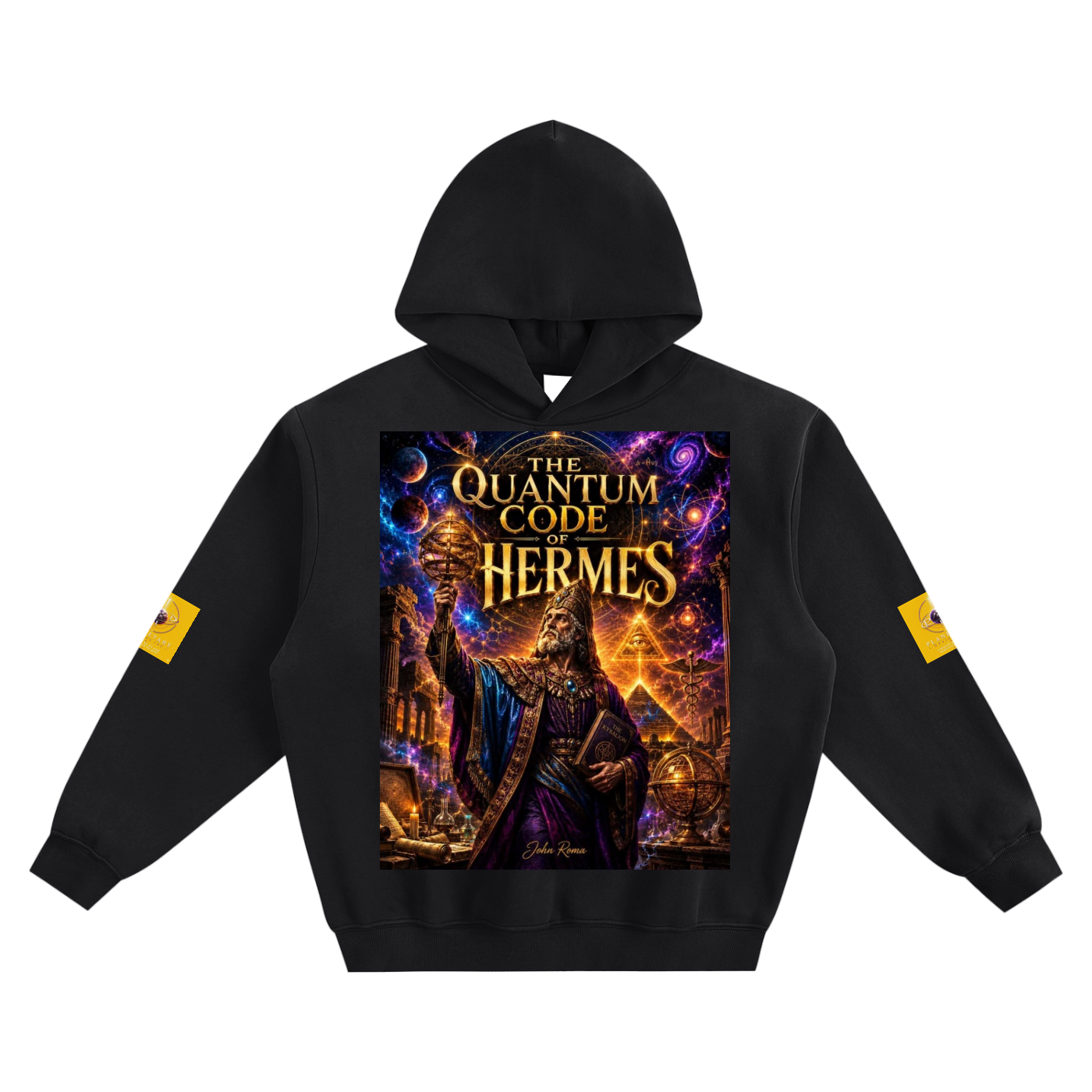 Black hoodie with 'The Quantum Code of Hermes' design on a white background