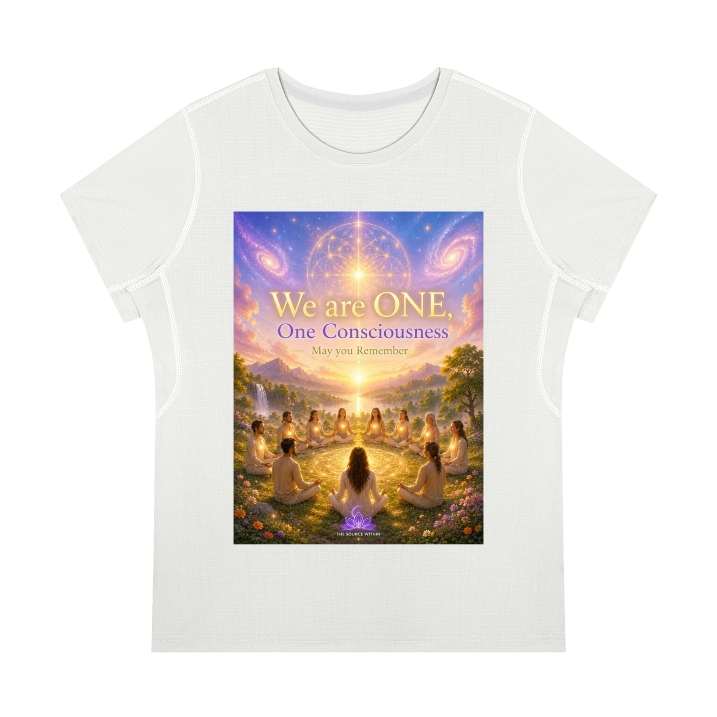 A white short-sleeve crewneck t-shirt featuring a colorful graphic print on the front. The graphic shows a group of people meditating in a glowing forest under a cosmic sky with the text 'We are ONE, One Consciousness May you remember'.