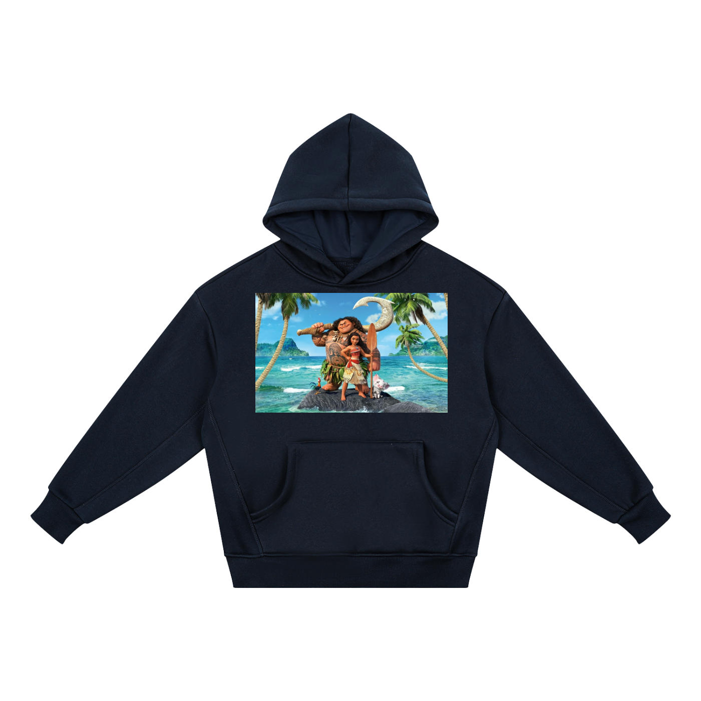 Navy blue hoodie with a tropical scene print on a white background