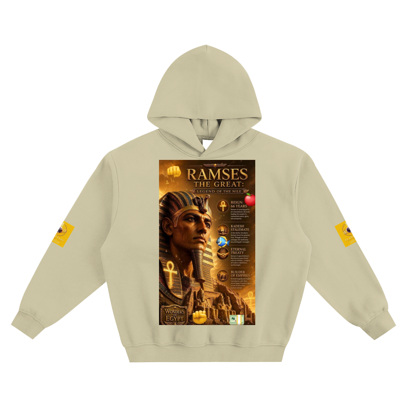 Beige hoodie with Ramses the Great design on a white background