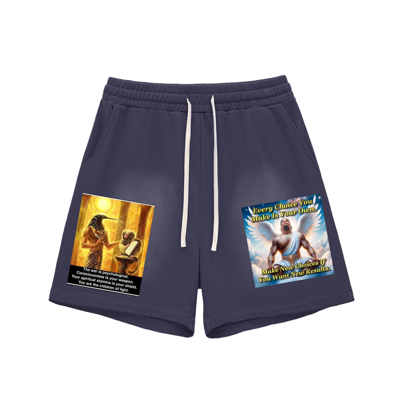 Navy blue shorts with graphic designs on a white background