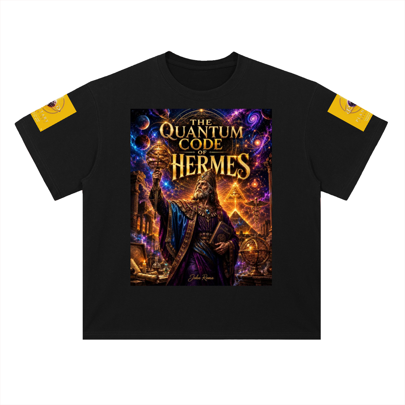 Black t-shirt with 'The Quantum Code of Hermes' graphic on a white background