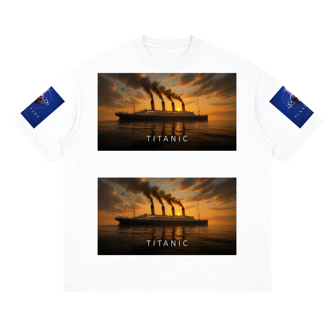 White t-shirt with Titanic graphic and sunset design on a white background