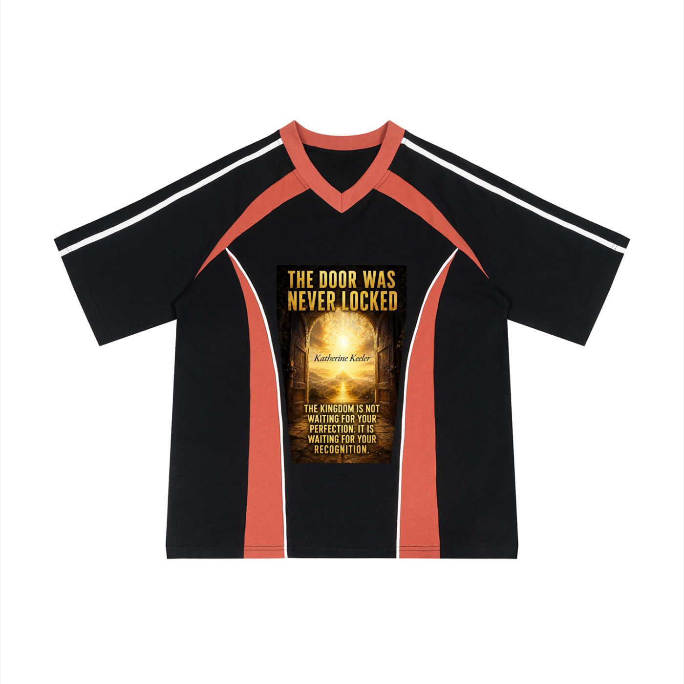 A black short-sleeve V-neck athletic-style shirt with coral orange shoulder and side panels, white stripes on the sleeves, and a large golden-yellow graphic print on the chest reading 'THE DOOR WAS NEVER LOCKED' with additional text below.