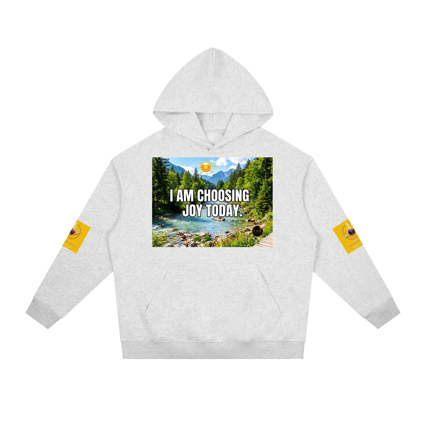 A light heather gray pullover hoodie with a central graphic print of a mountain river scene and the text 'I AM CHOOSING JOY TODAY.' on the chest, plus small yellow graphic patches on both sleeves.