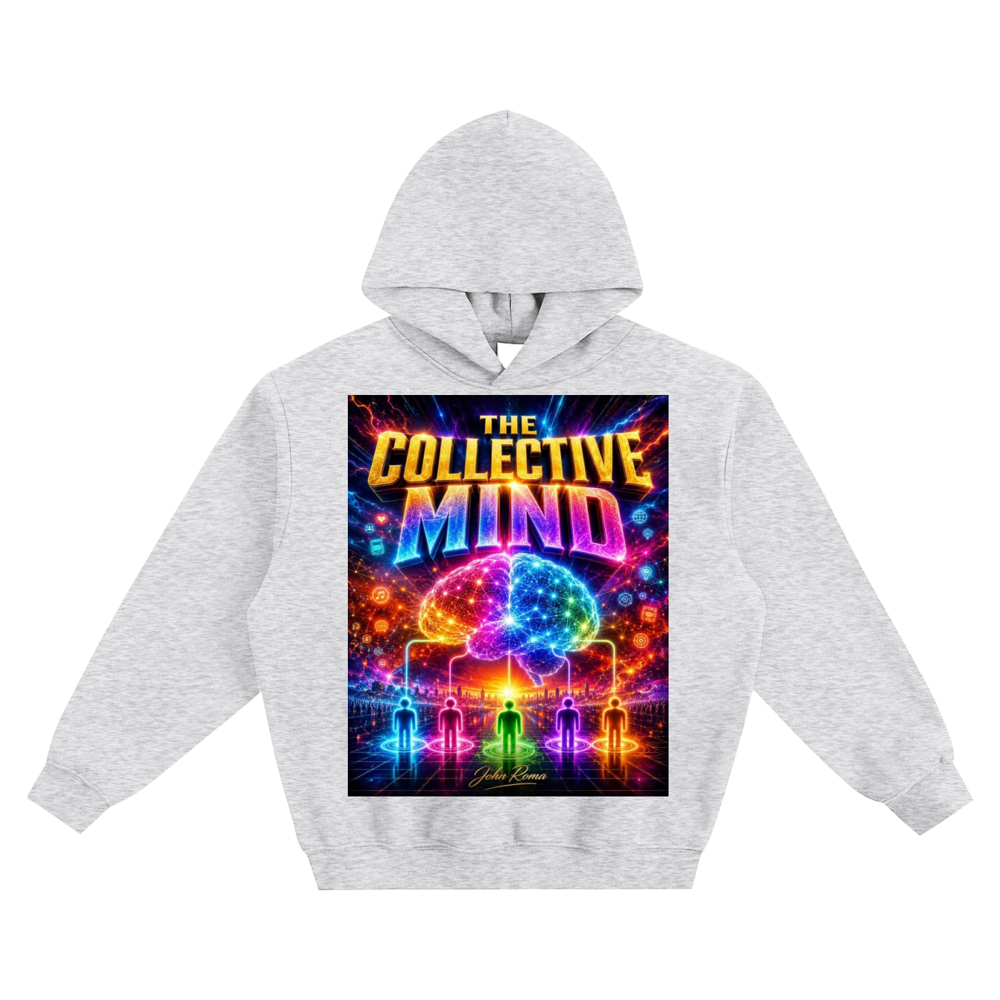 Gray hoodie with 'The Collective Mind' graphic design on a white background