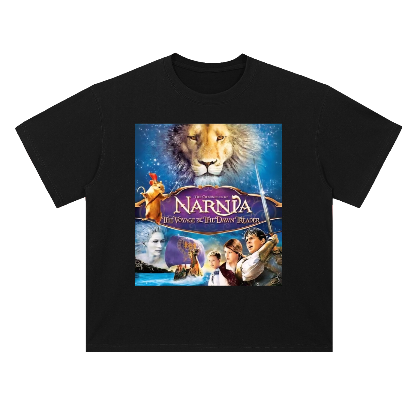 Black t-shirt with 'The Chronicles of Narnia' movie poster design on a white background