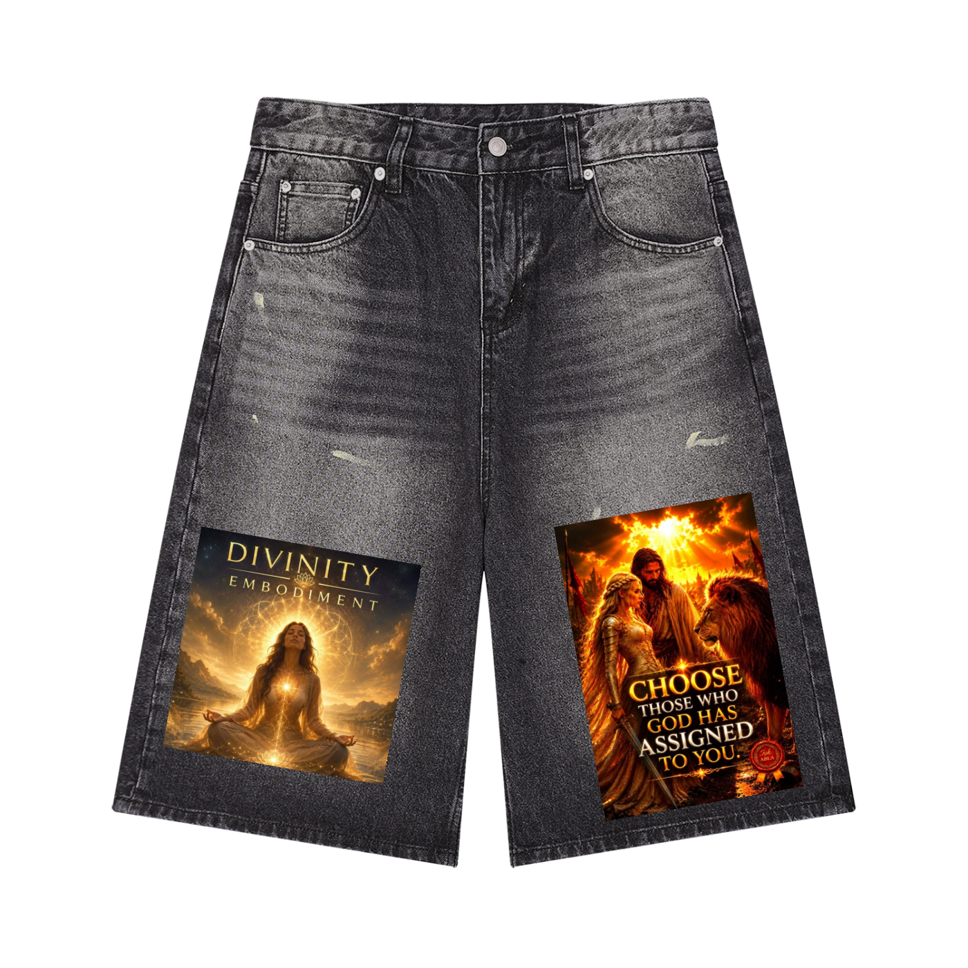 Black denim shorts with graphic designs on a white background