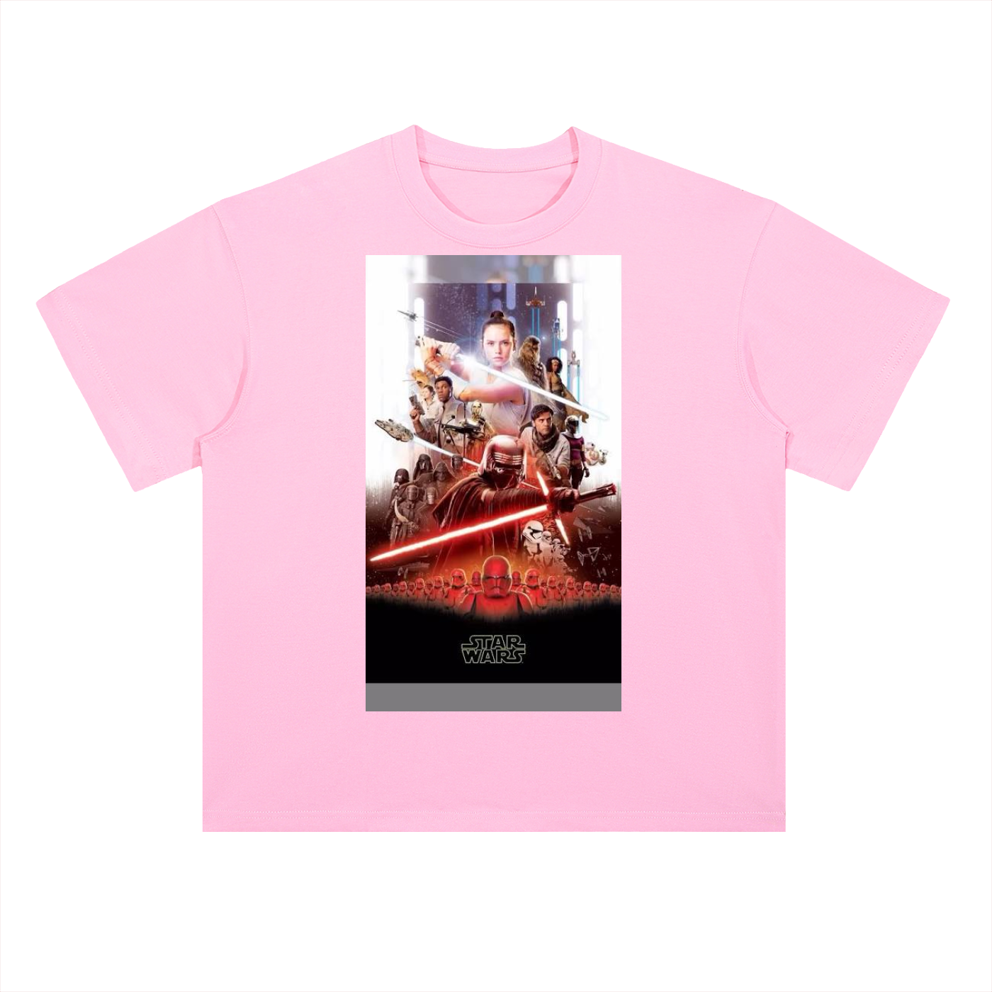 Pink t-shirt with 'Star Wars' graphic design on a white background